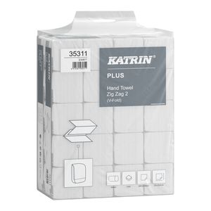 Katrin Plus Zig Zag 200 Handypack ''V'' hajtogatott kéztörlő, 2 rétegű, hófehér, 23x22,4 cm, 200 lap, 20 csomag/zsák